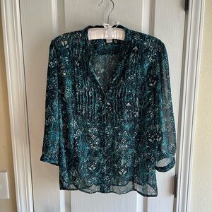 Christopher&Banks Elegant Sheer Green Patterned Women's Top Size L